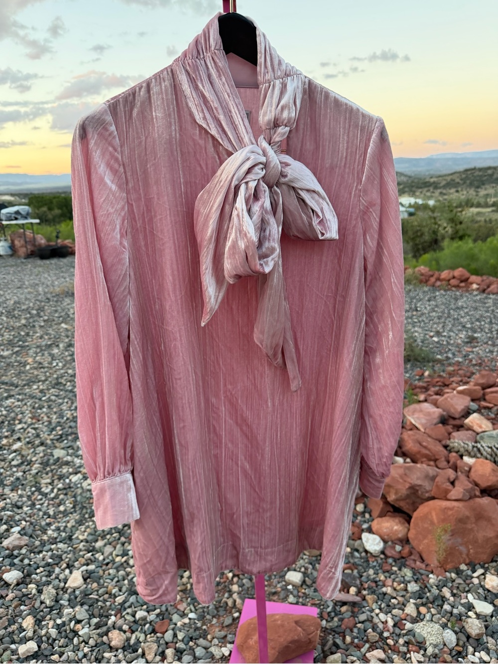 Anthropologie Maeve Caroline Tie Neck Mini Dress Pink Velvet L NWT Boho pockets